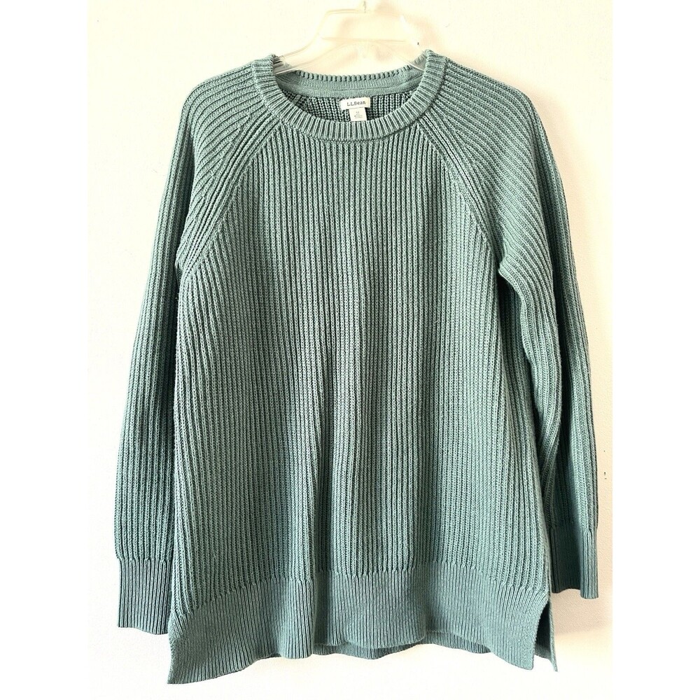 LL Bean Signature Cotton Fisherman Tunic Sweater Cable Knit Sz M Dage green